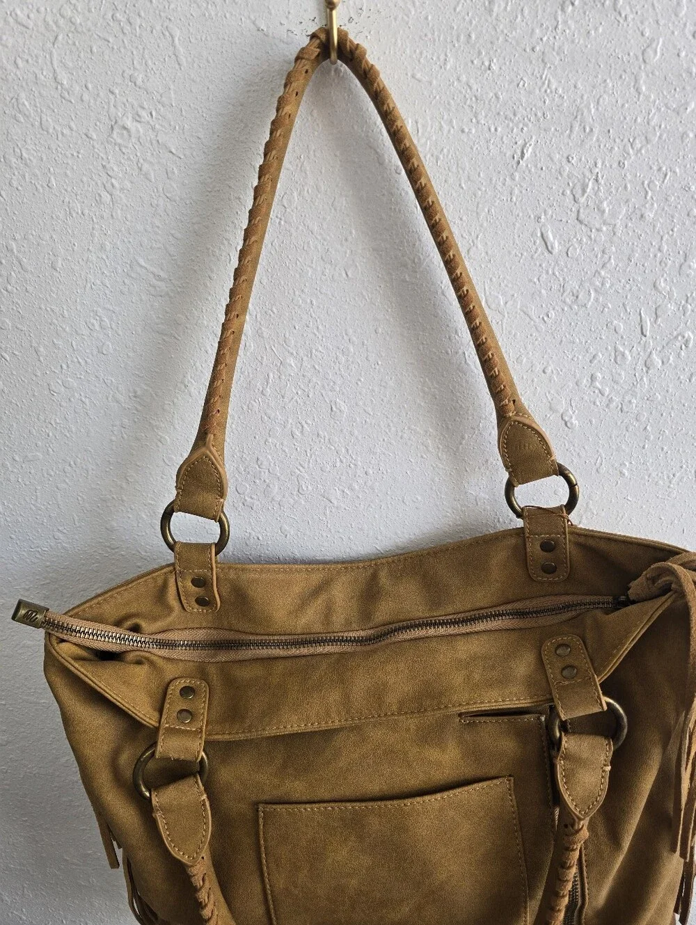 NWT Wrangler Tan Fringe Western Boho Shoulder Tote Bag Whipstitch Purse